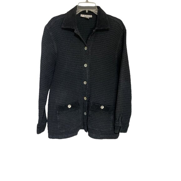 Cold Cotton Black Waffle Knit Button-Up Cardigan With Front Pockets Womens L - Picture 1 of 9